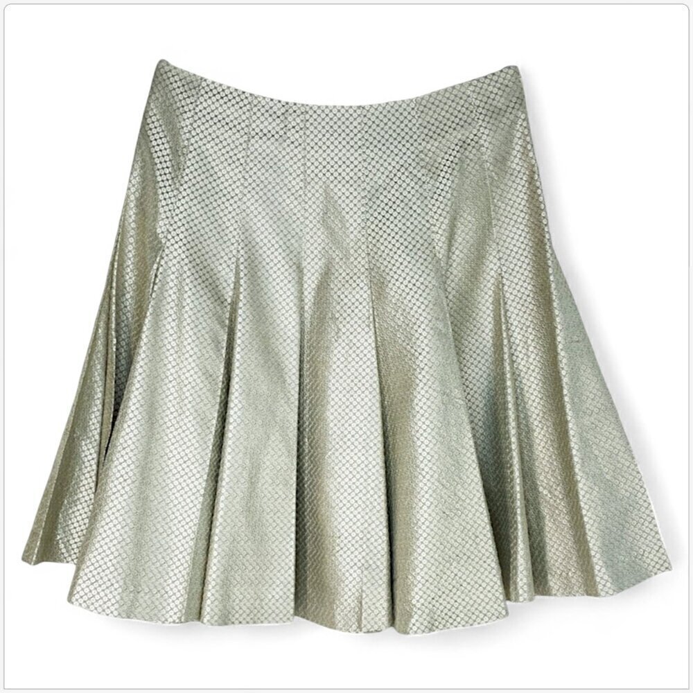 Emanuel Ungaro Ivory Shimmer Silk Printed Flared Pleated Skirt Size 8
